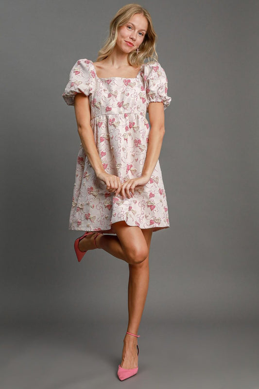 Umgee Heart Jacquard Square Neck Puff Sleeve Mini Dress Trendsi