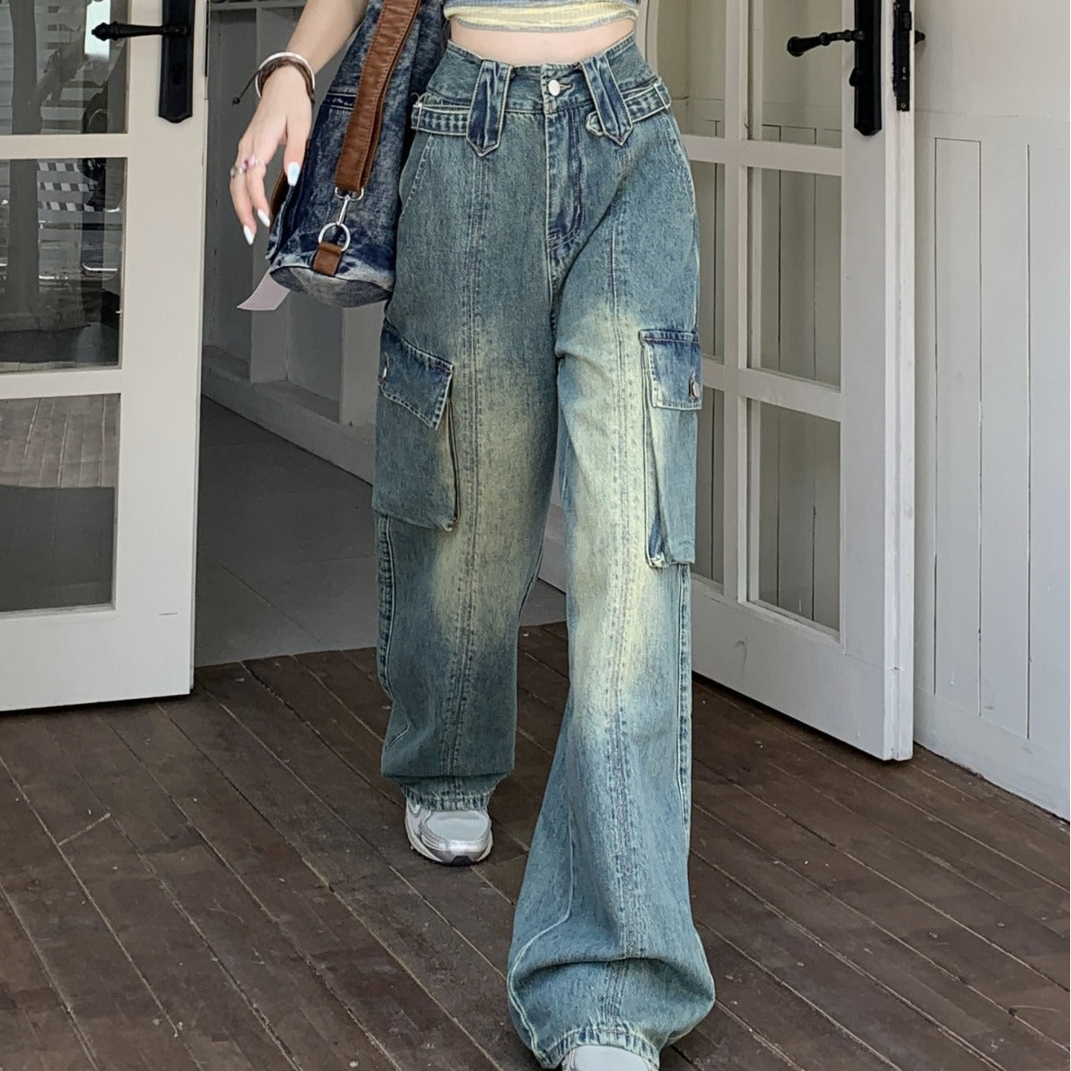 Slim Fit Loose High Waist Slimming Wide Leg American Retro Workwear Straight Jeans For Women ARZ