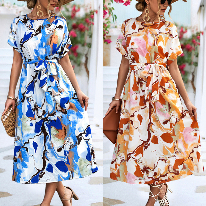 Summer Print Short-sleeved Dress Summer Loose Lace-up A-line Long Dresses Fashion Casual Holiday Beach Dress For Womens Clothing ARZ