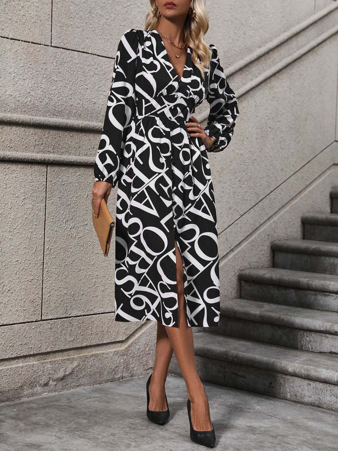 Perfee Printed V-Neck Long Sleeve Midi Dress Trendsi