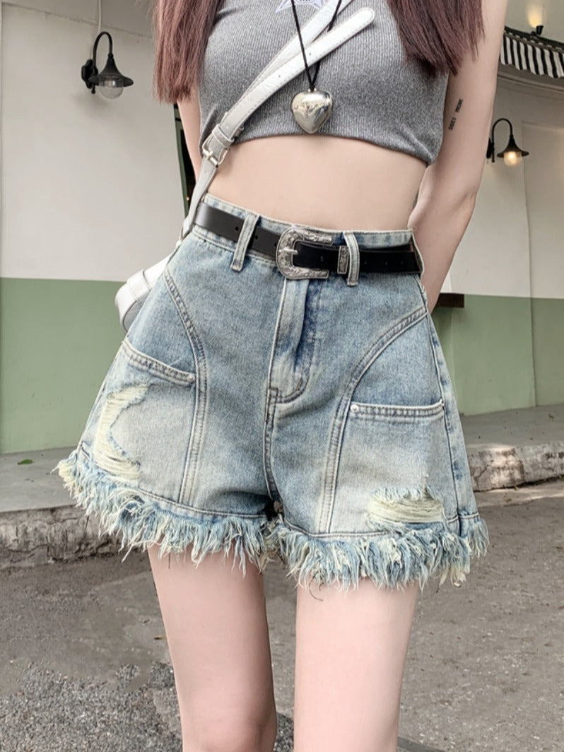 Ripped Denim Shorts Wide Leg Frayed Hem A- Line Retro High Waist ARZ