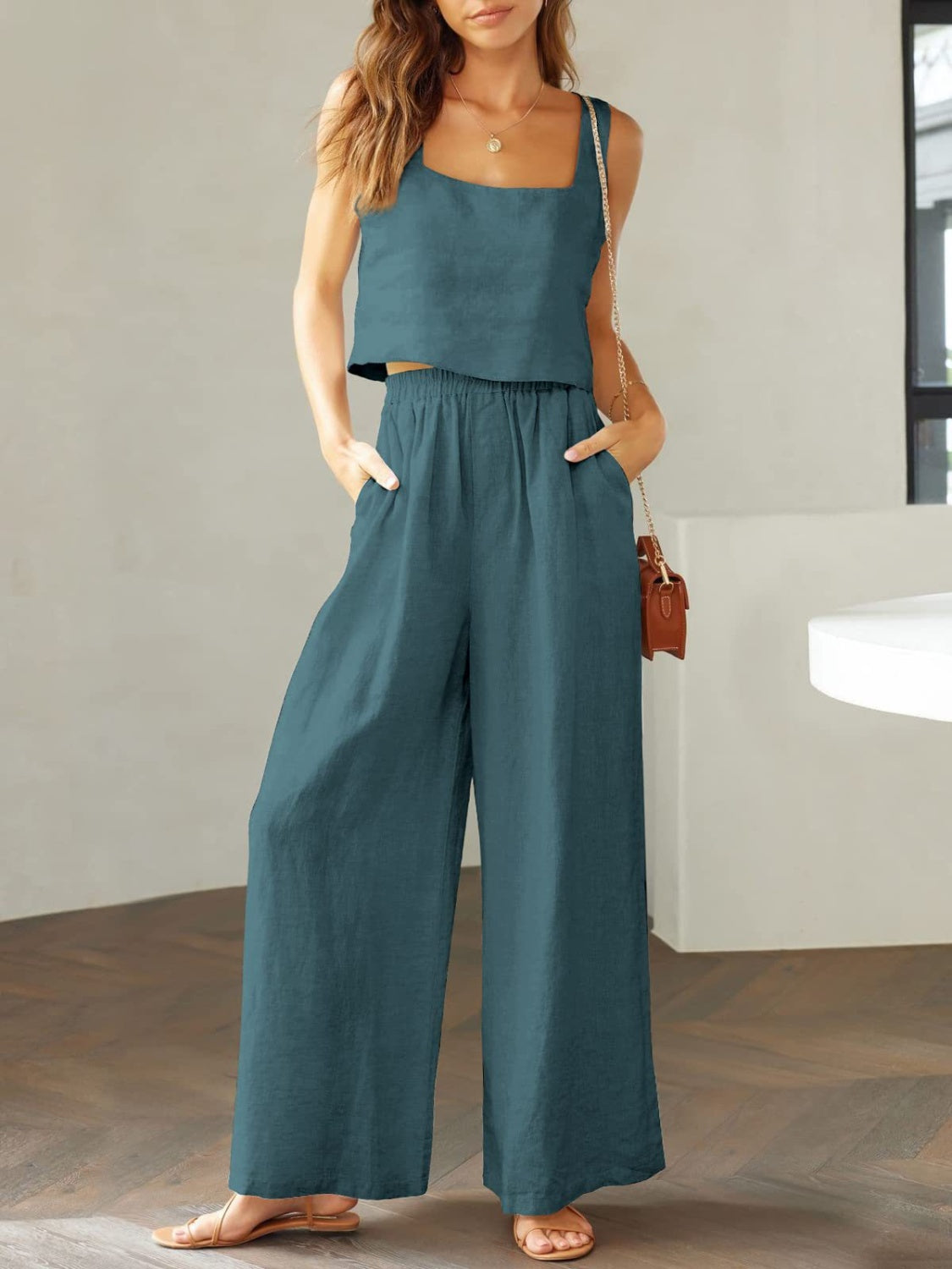 Square Neck Top and Wide Leg Pants Set Trendsi