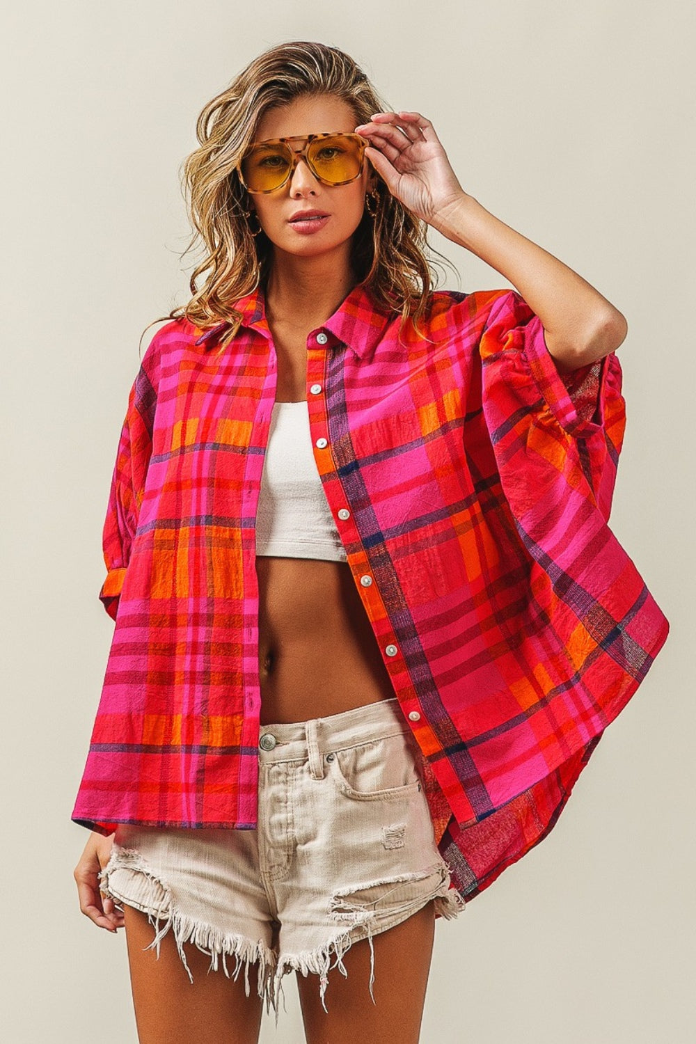 BiBi Button Up Dolman Sleeve Plaid Shirt Trendsi