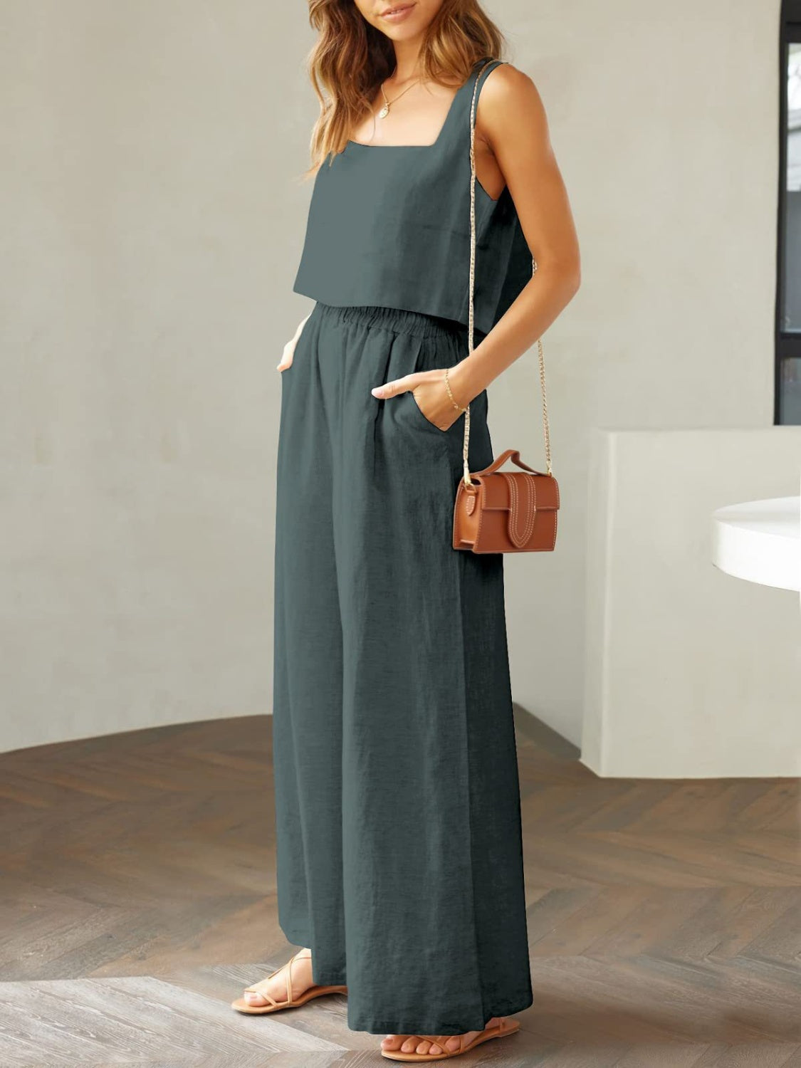 Square Neck Top and Wide Leg Pants Set Trendsi