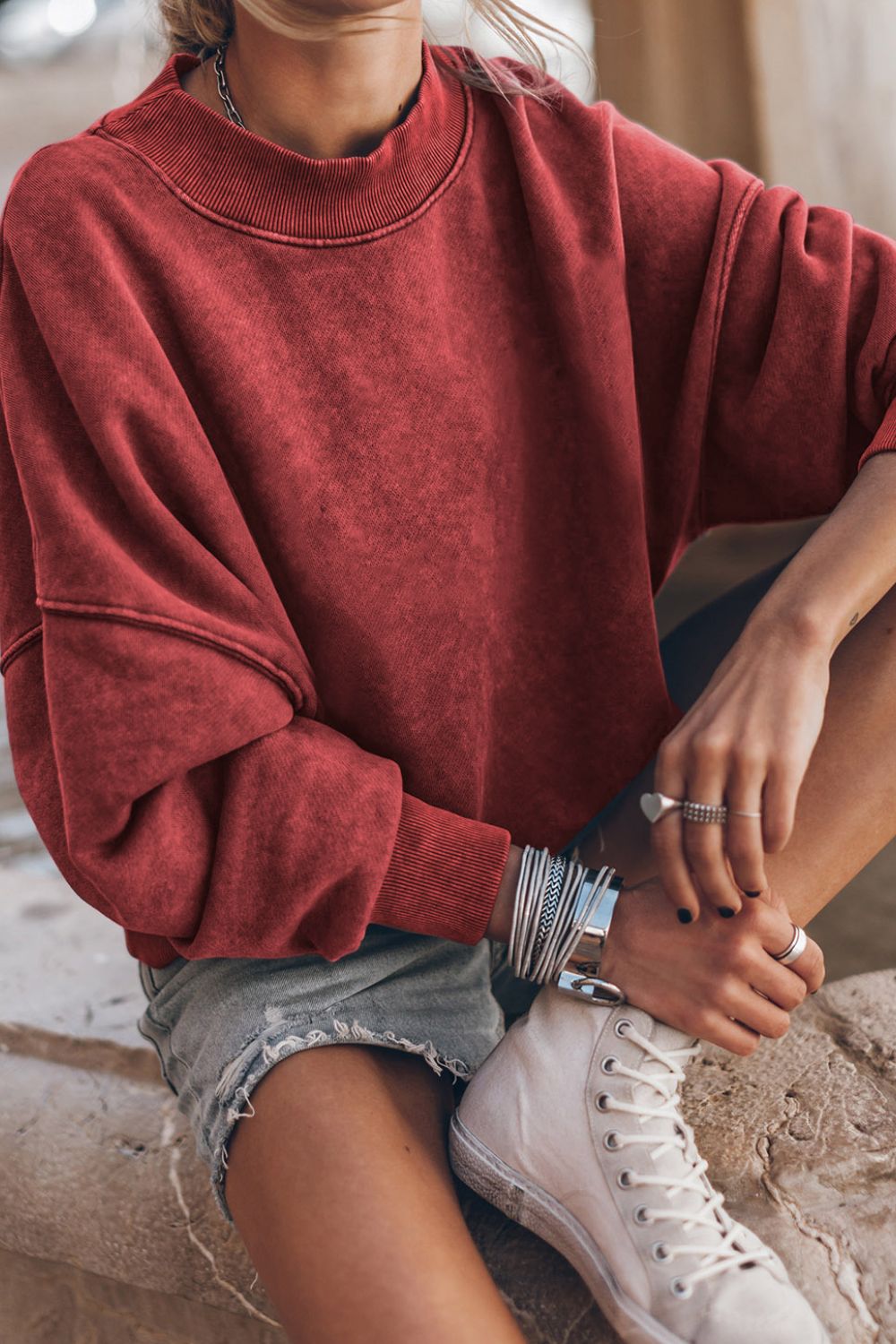 Mock Neck Dropped Shoulder Sweatshirt Trendsi