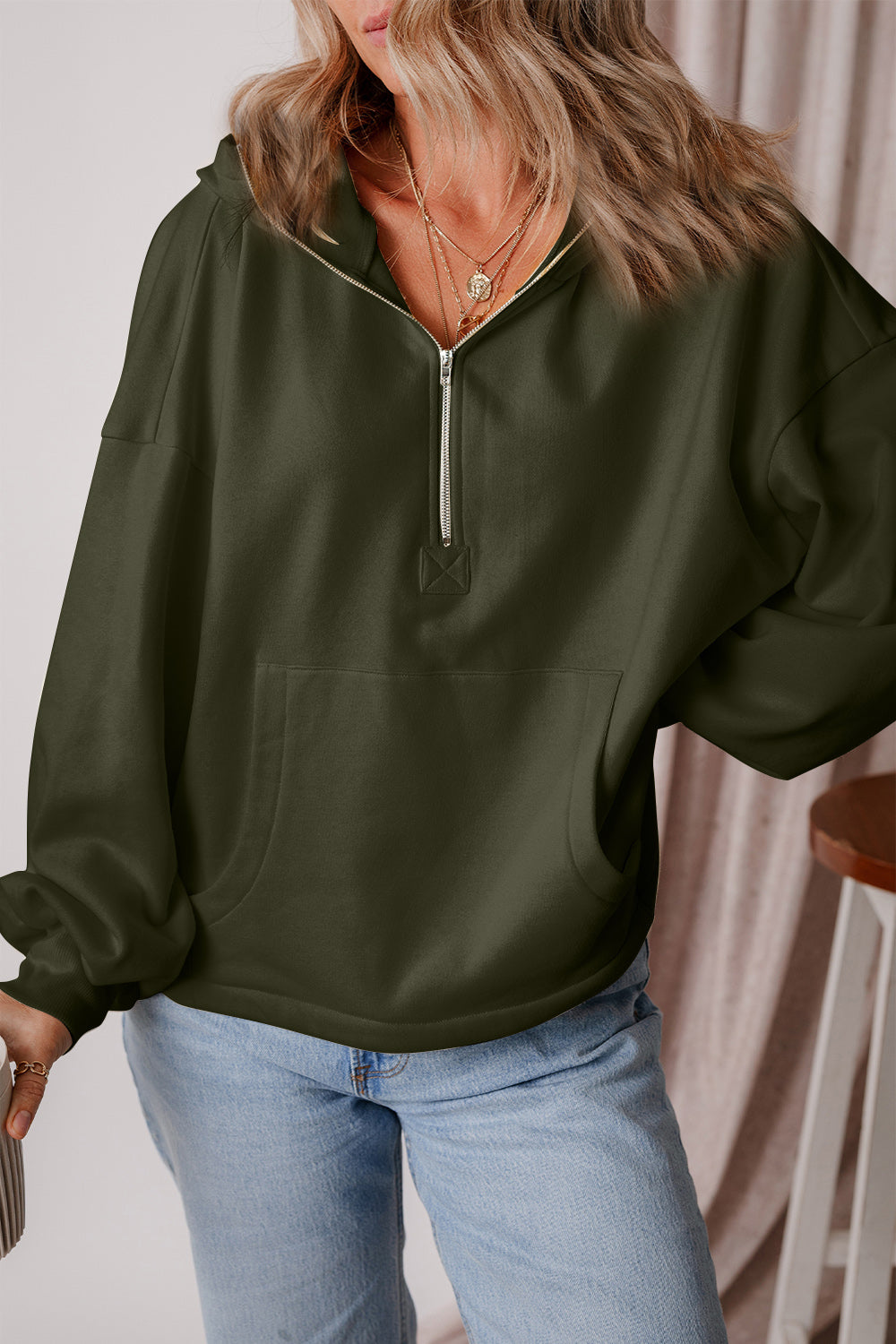 Pocketed Half Zip Dropped Shoulder Hoodie Trendsi