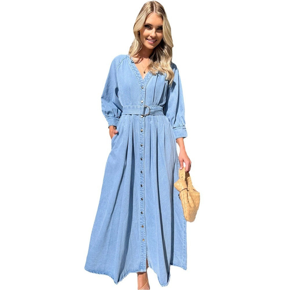 V-neck Lace-up Waist Trimming Casual Button Denim Dress ARZ