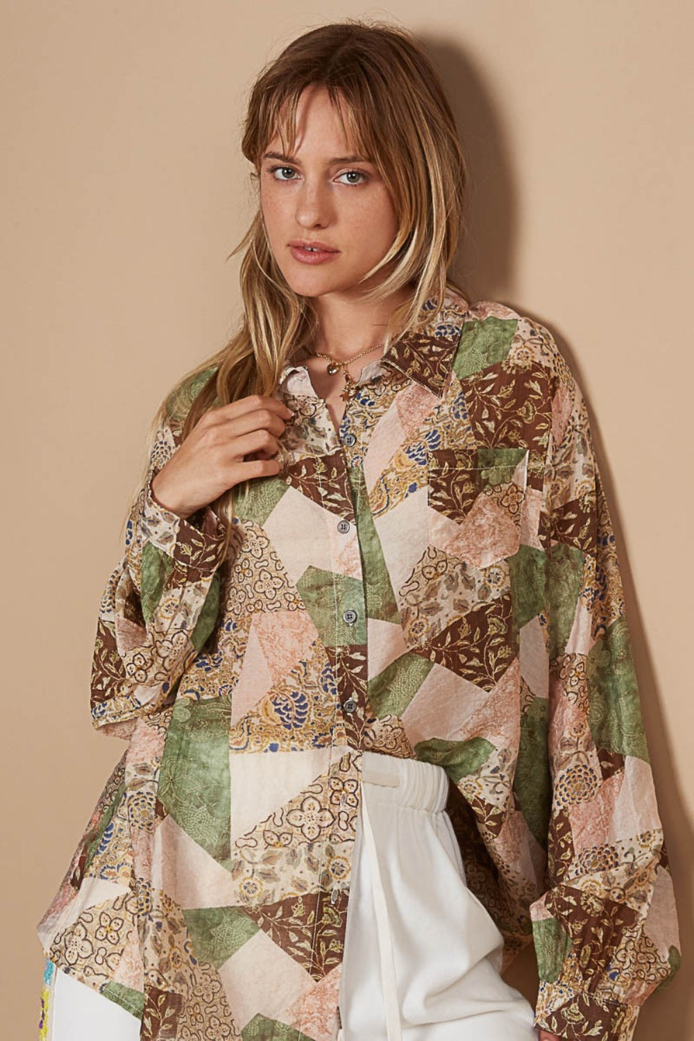 POL Button-Down Long Sleeve Printed Shirt Trendsi