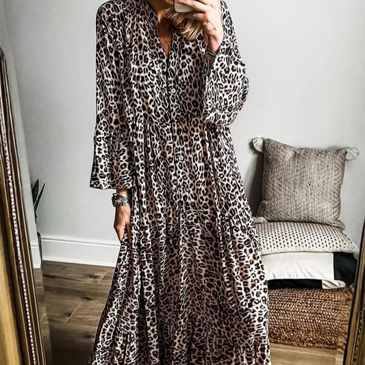 European And American Leopard Print Long Women's Clothing Printed Fashion Loose V-neck Buttons Dress ARZ