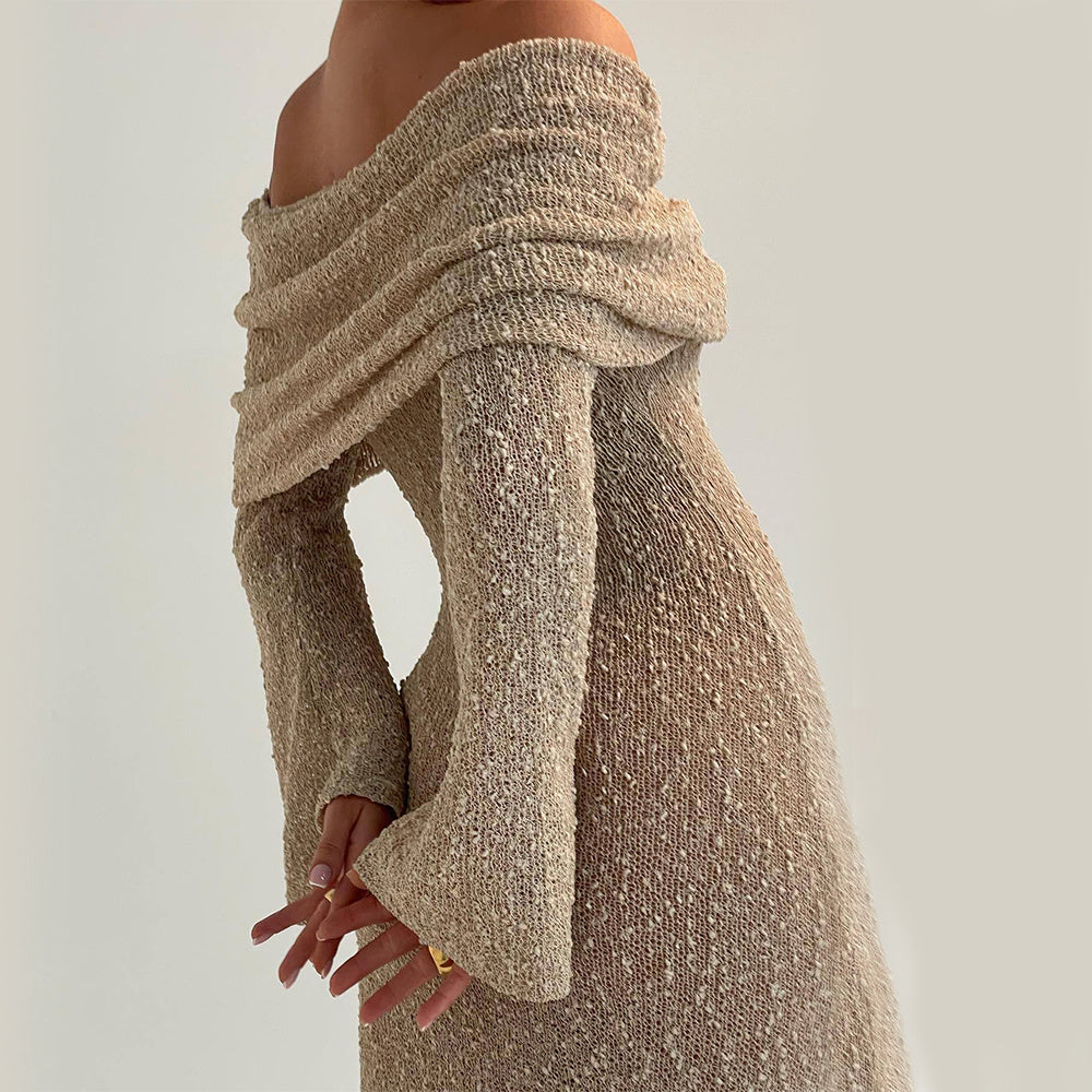 New One-shoulder Knitted Long-sleeved Dress Sexy Beach Holiday Long Dresses Womens Clothing ARZ