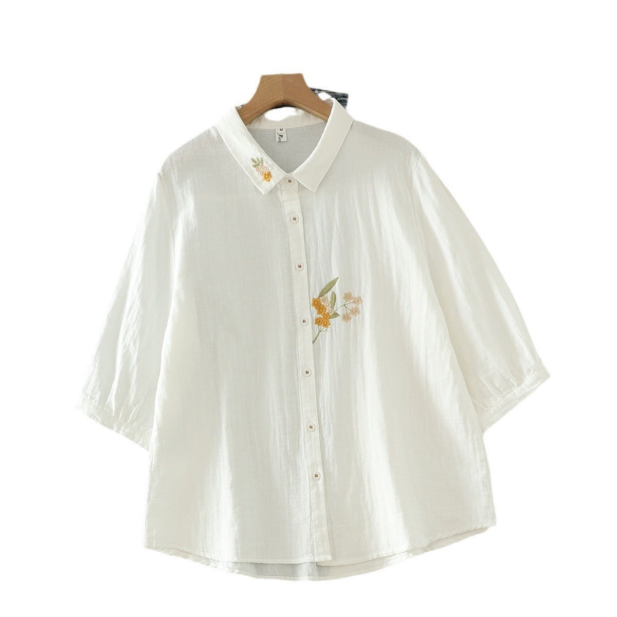 Artistic Flower Embroidery Double-layer Cotton Yarn Half Sleeve Shirt New Loose-fitting Short Sleeves Top ARZ