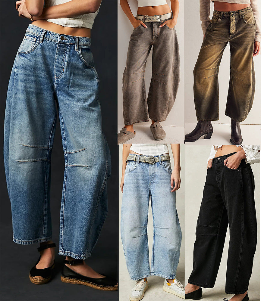 High Stretch Mid-Rise Barrel Jeans Fashion Wide Leg Shape Women Casual Baggy Mid Waist Denim Jeans ARZ