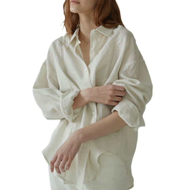 Linen Shirt French Hollow Embroidered Loose Long Sleeve Blouse ARZ