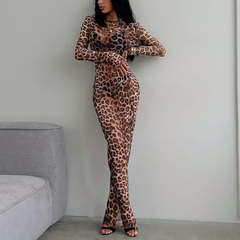 Sexy Wild Leopard Print Long Dress Round Neck Long Sleeve ARZ