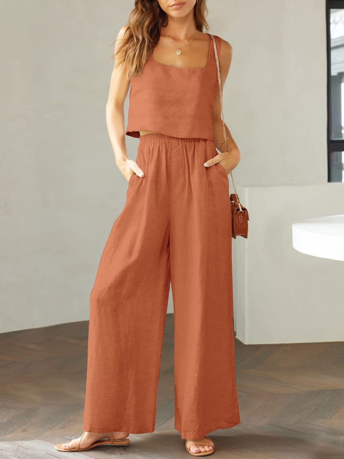 Square Neck Top and Wide Leg Pants Set Trendsi