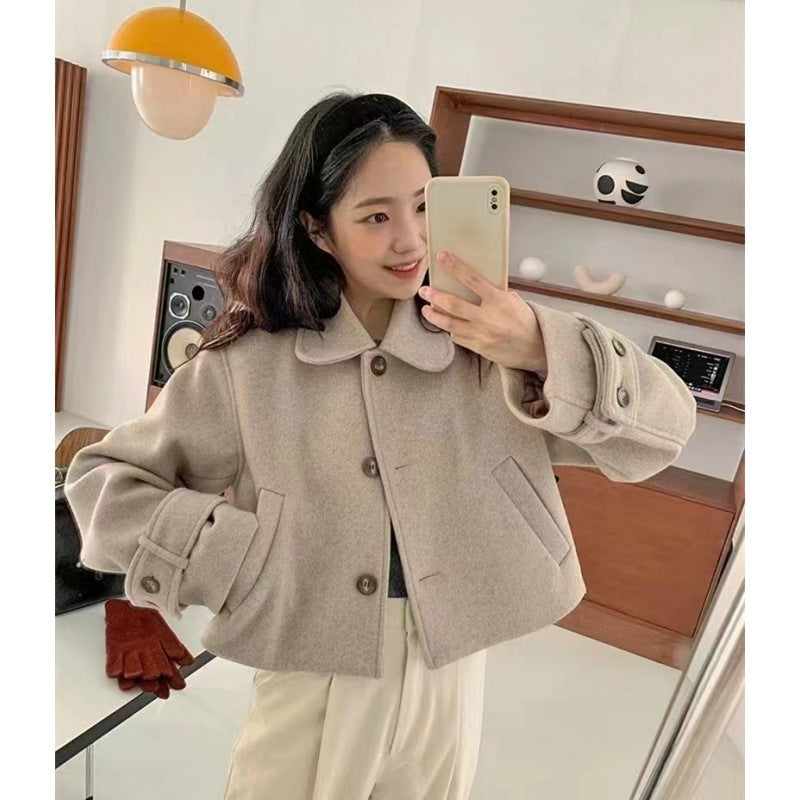 Retro Peter Pan Collar Single-breasted Loose All-match Solid Color Long-sleeved Woolen Coat ARZ