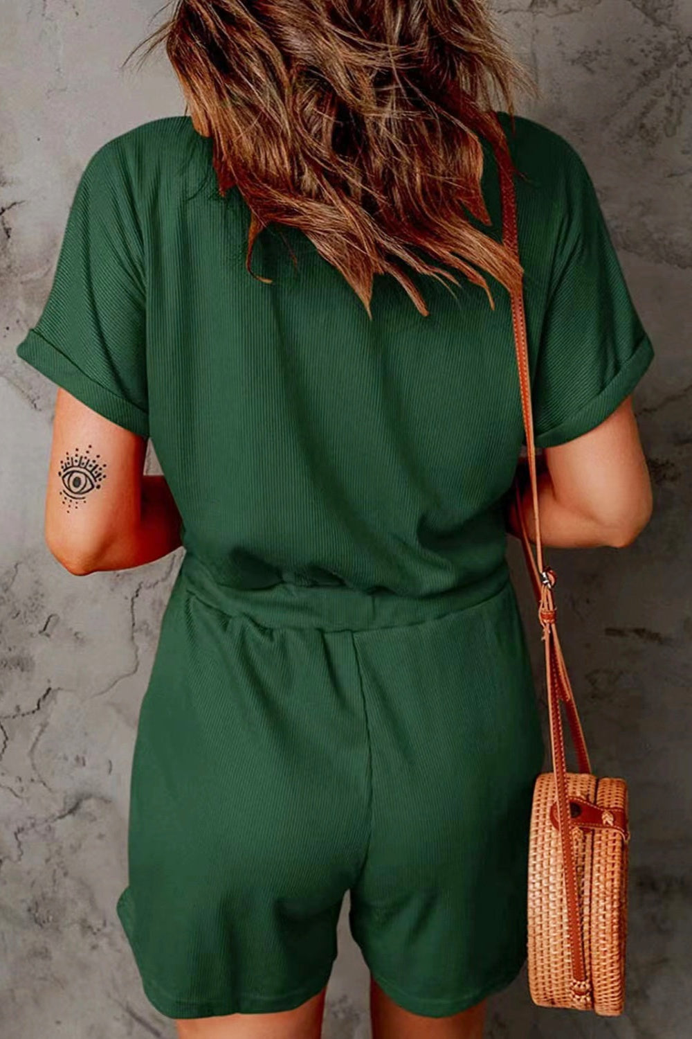 Full Size Drawstring V-Neck Short Sleeve Romper Trendsi