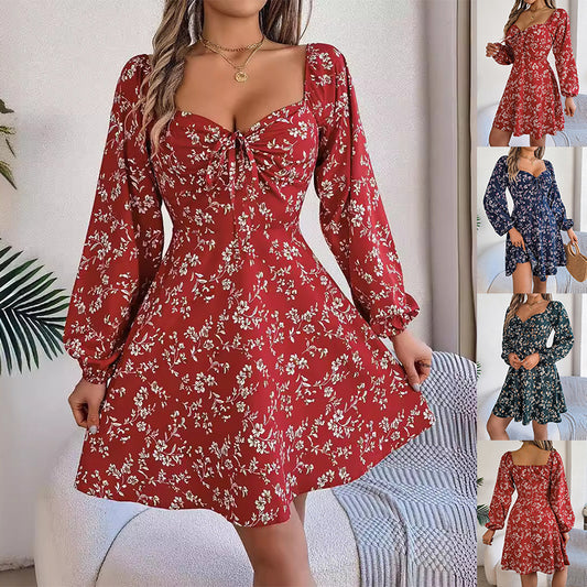 Fashion Floral Print Lantern Sleeve Dress Casual Sexy Tie Square Neck Long Sleeve A-Line Dress Women's Clothing ARZ