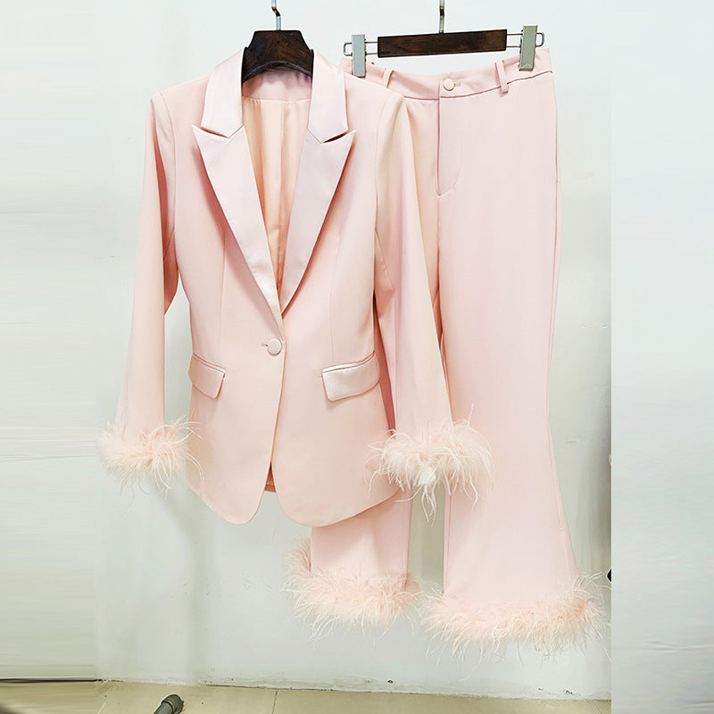 True Feathers Ostrich Fur Blazer Cropped Pants Set Two-piece Suit ARZ