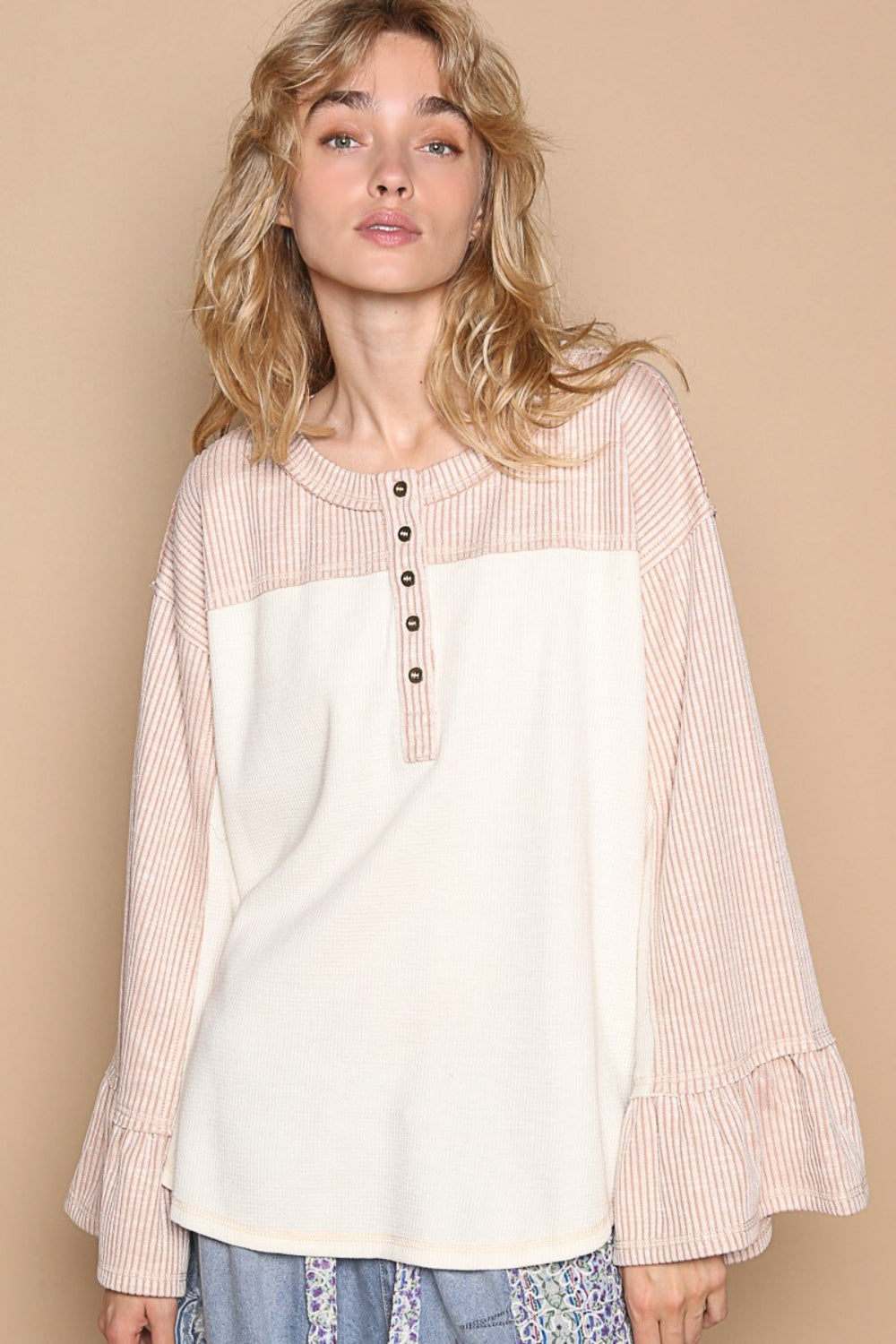 POL Striped Flounce Sleeve Exposed Seam Top Trendsi