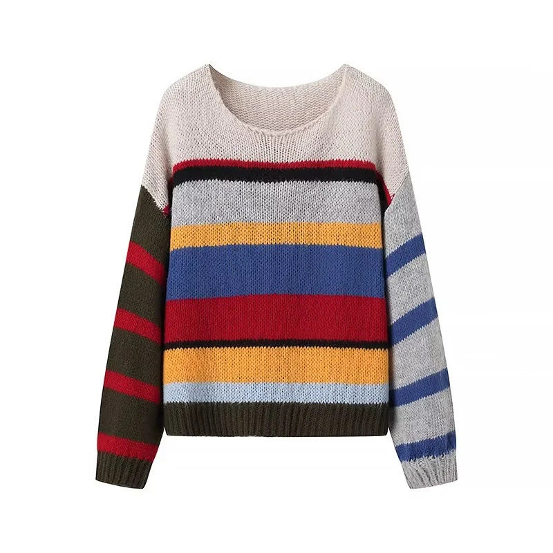 Women's Round Neck Rainbow Striped Sweater ARZ