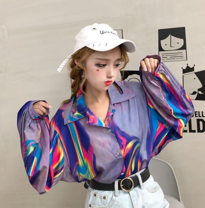 Lychee Harajuku Laser Women Blouse Rainbow Turn Down Collar Long Sleeve Casual Loose Holographic Hologram Shirt Tops Female ARZ