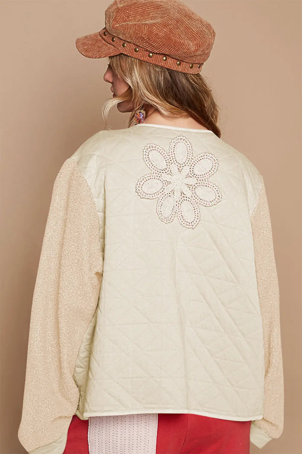 POL Lace Detail Fur Sleeve Zip Up Quilted Jacket Trendsi