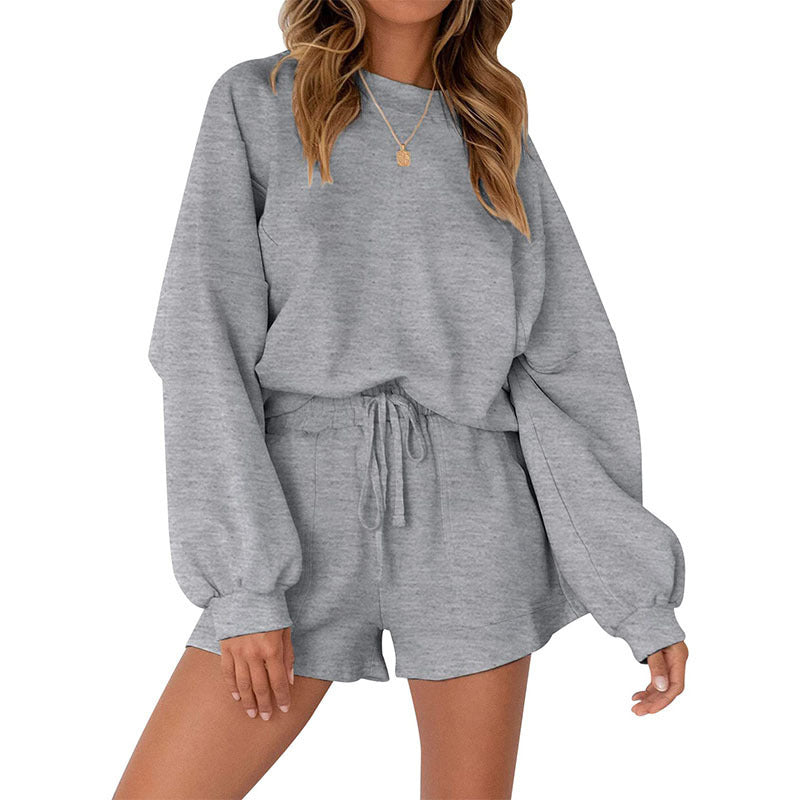 Casual Sports Sweatshirt Suits Loose Pullover Top And Drawstring Shorts Two-piece Set Womens Clothing ARZ