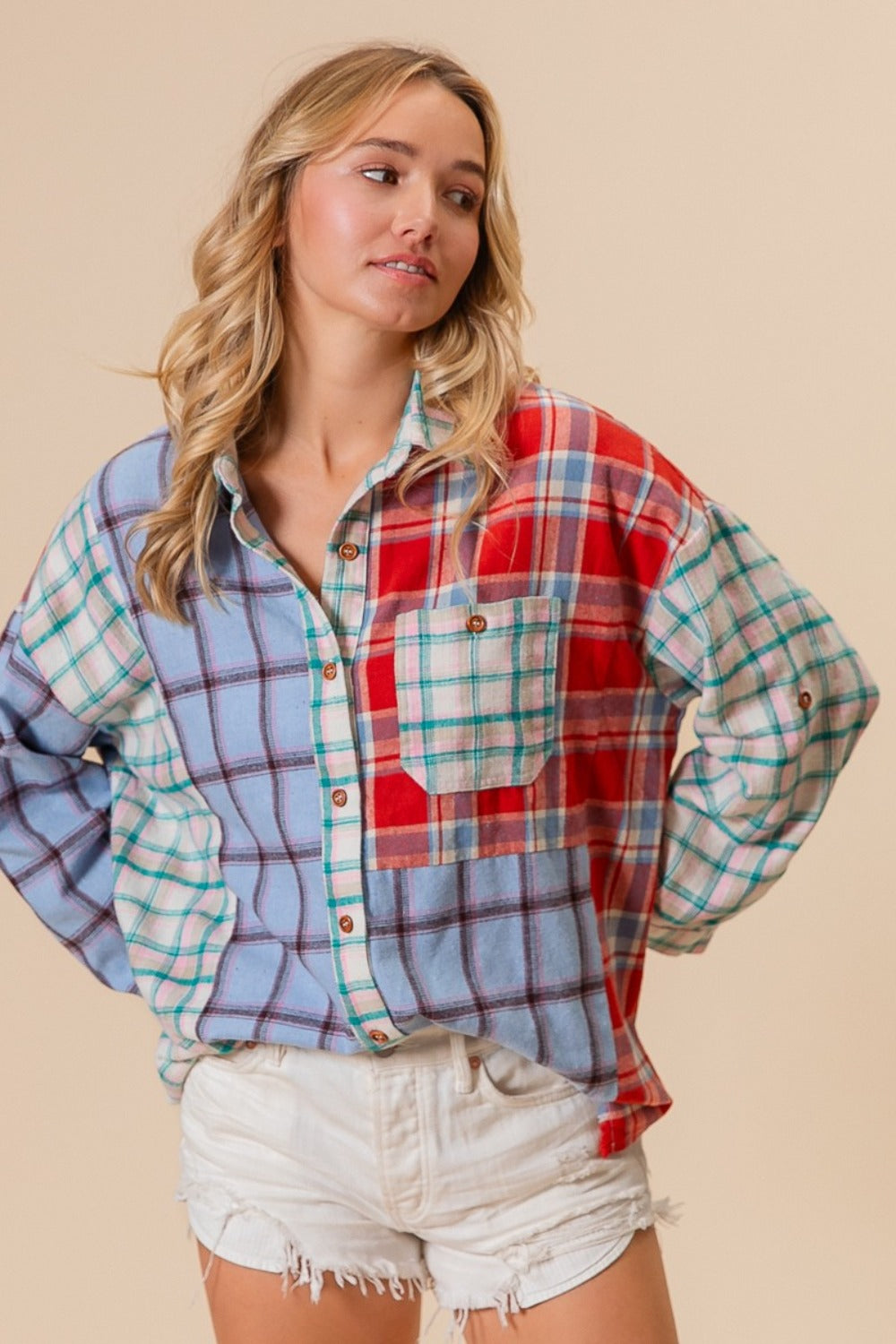 BiBi Color Block Plaid Button Down Shirt Trendsi