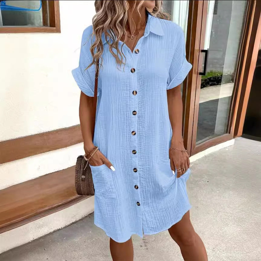 Summer Short Sleeve Shirt Dress Fashion Solid Color Single-breasted Mid-length Loose Dress ARZ