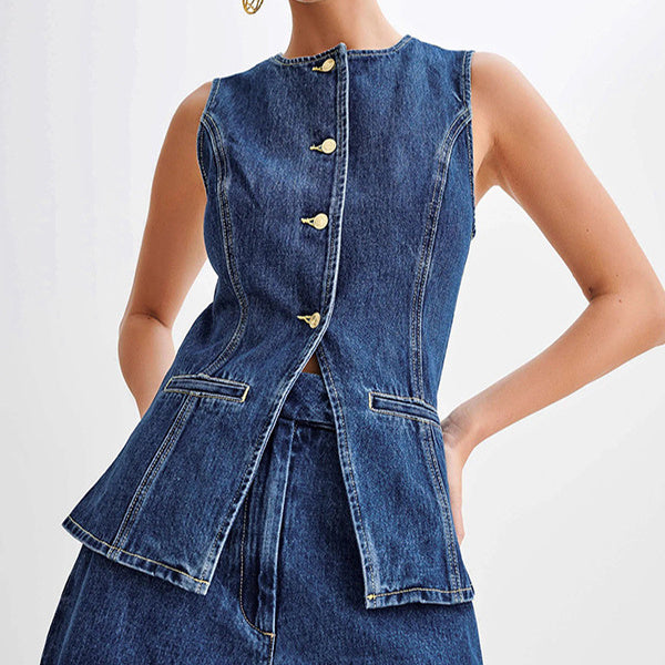 Fashion Denim Suit Summer Casual Sleeveless Button Vest Top And High Waist Shorts Set For Womens Clothing ARZ