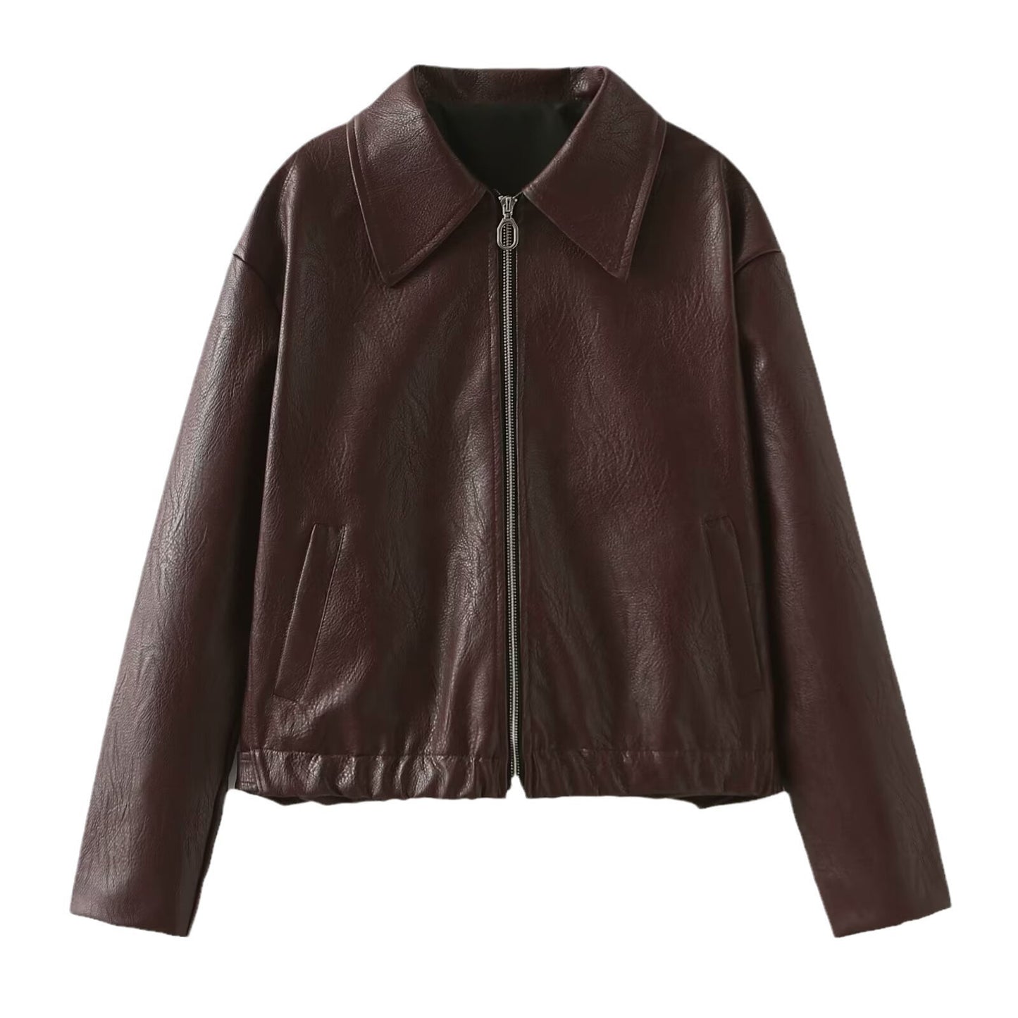 Solid Color Lapel Zipper Jacket Fashion Casual Long Sleeve Leather Coat Tops Women Clothing ARZ