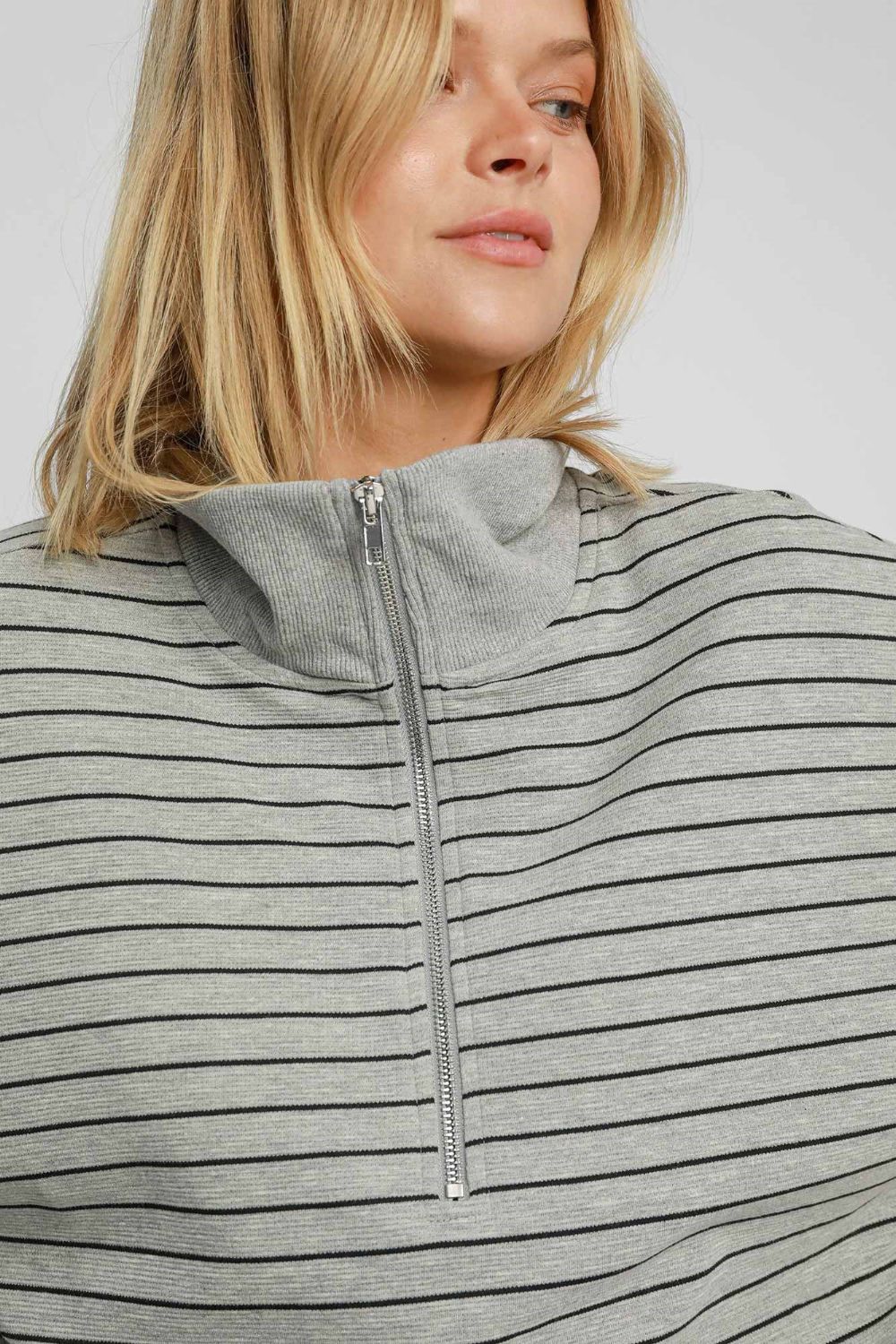 Umgee Striped Half Zip Short Sleeve Sweatshirt Trendsi