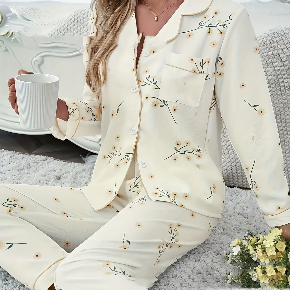 Spring And Autumn Home Lapel Button Leaf Printed Pajamas Two-piece Set ARZ