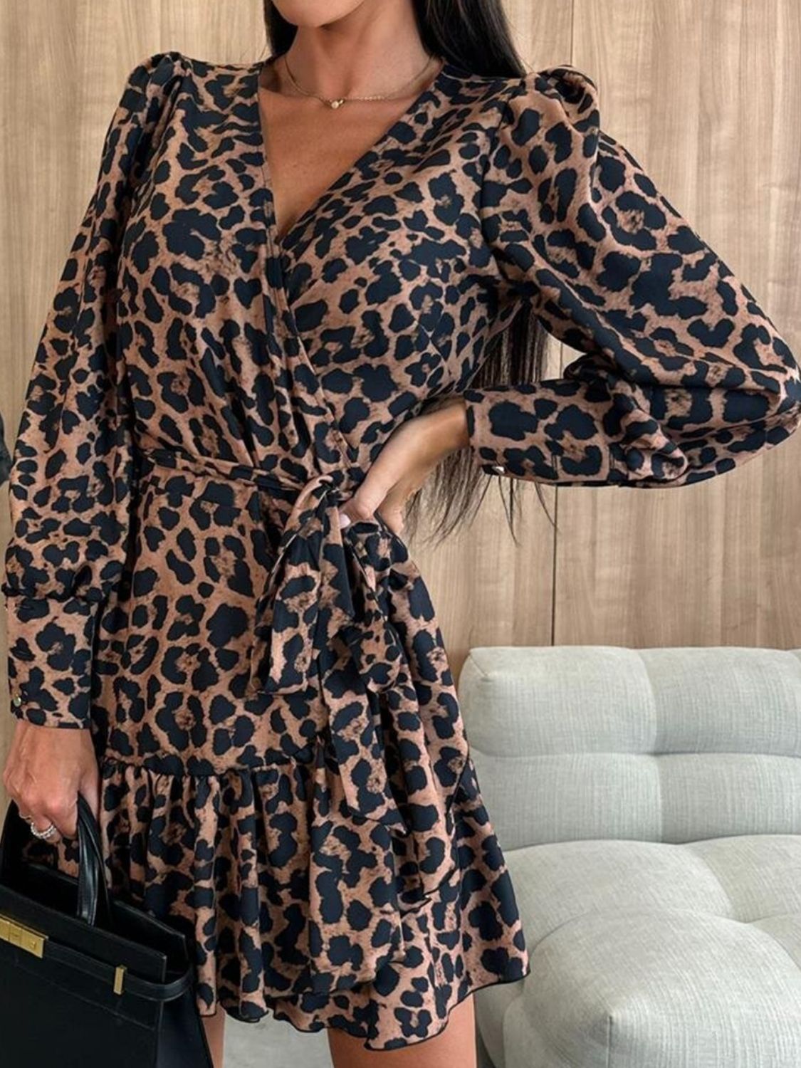 Tied Leopard Surplice Long Sleeve Dress Trendsi