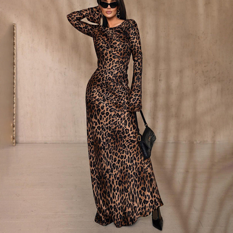 Round Neck Leopard Print High Waist Slim Fit Dress ARZ