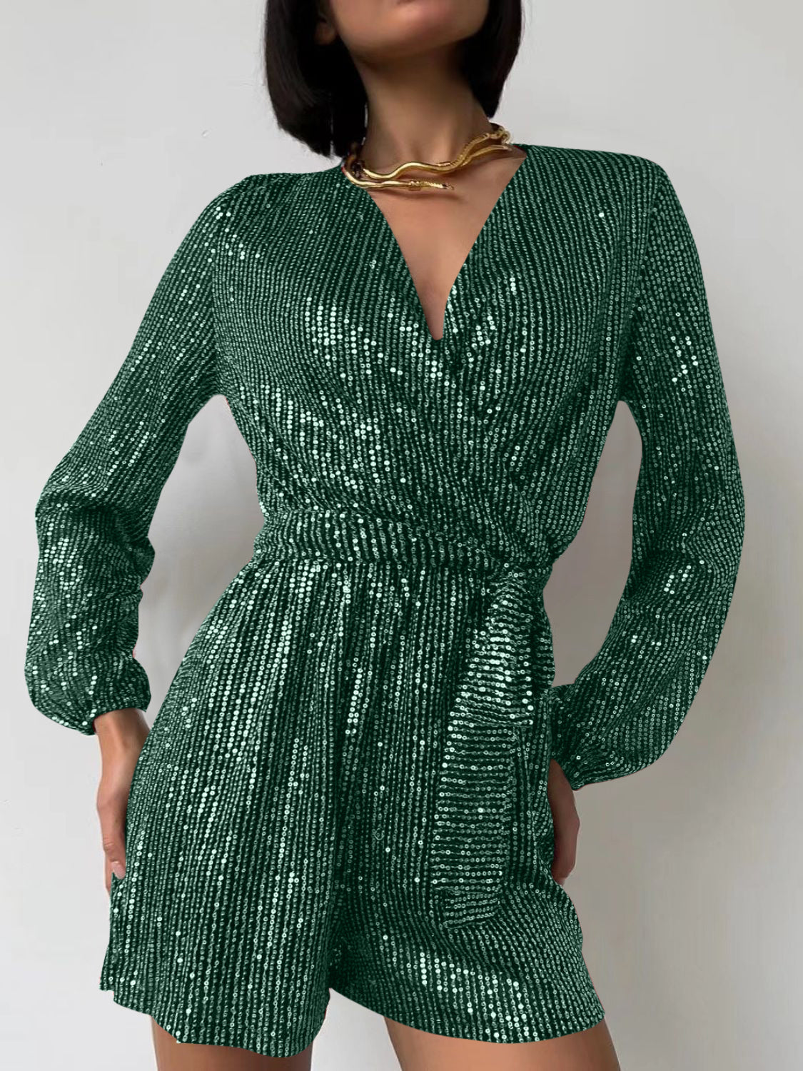 Full Size Sequin Surplice Tie Waist Long Sleeve Romper Trendsi