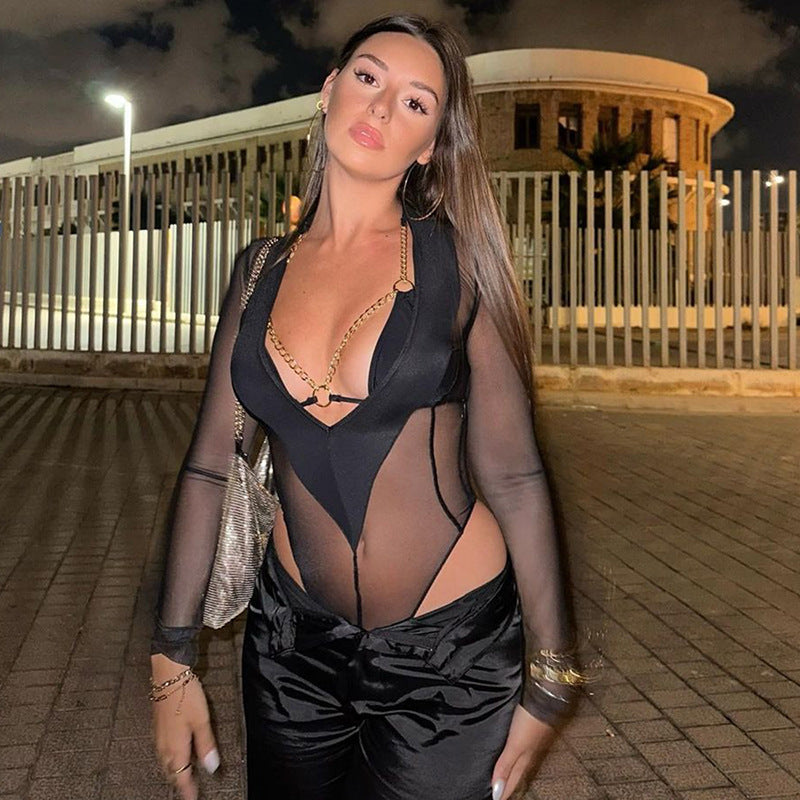 V-neck Sexy Sheer Mesh Long Sleeve Jumpsuit ARZ