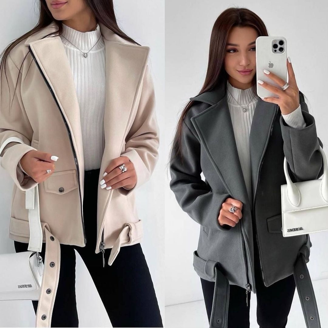 Belt Lapel Long-sleeved Woolen Coat ARZ