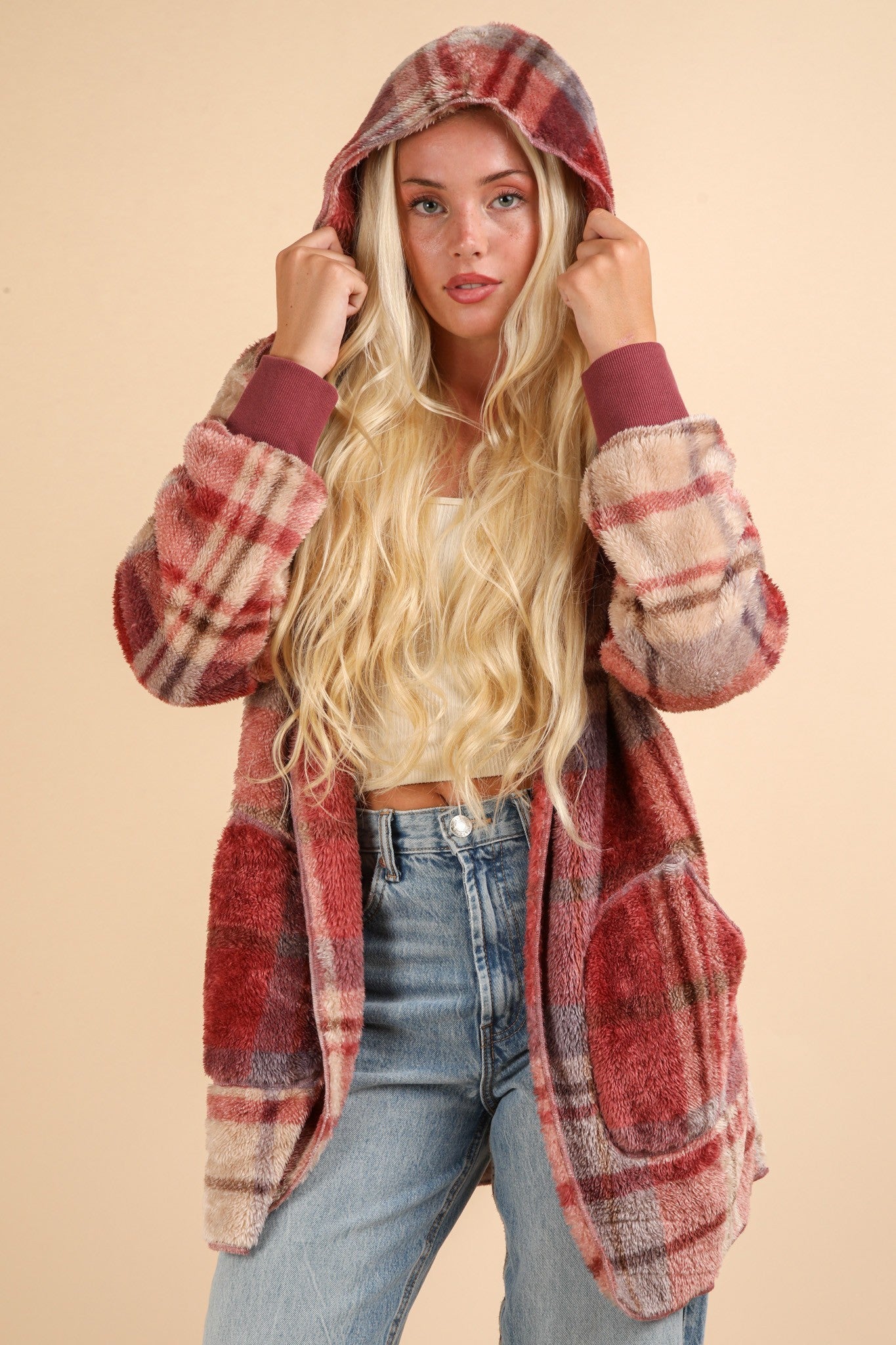 VERY J Fuzzy Plaid Long Sleeve Hooded Jacket Trendsi