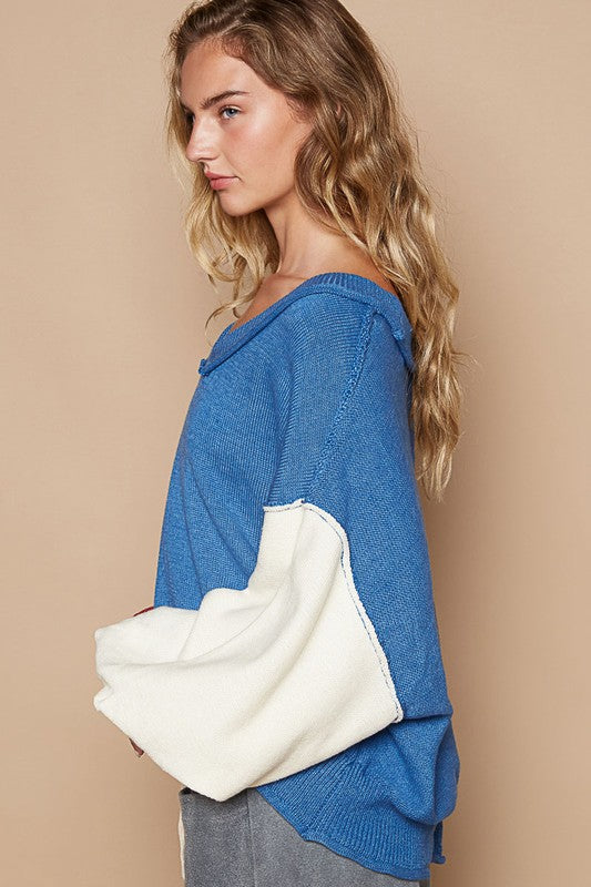 POL Exposed Seam Contrast V-Neck Lantern Sleeve Sweater Trendsi