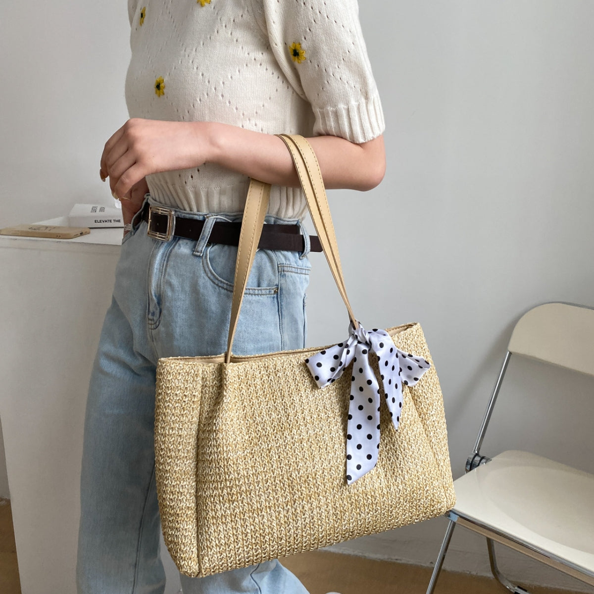 Straw Woven Leather Strap Handbag Trendsi