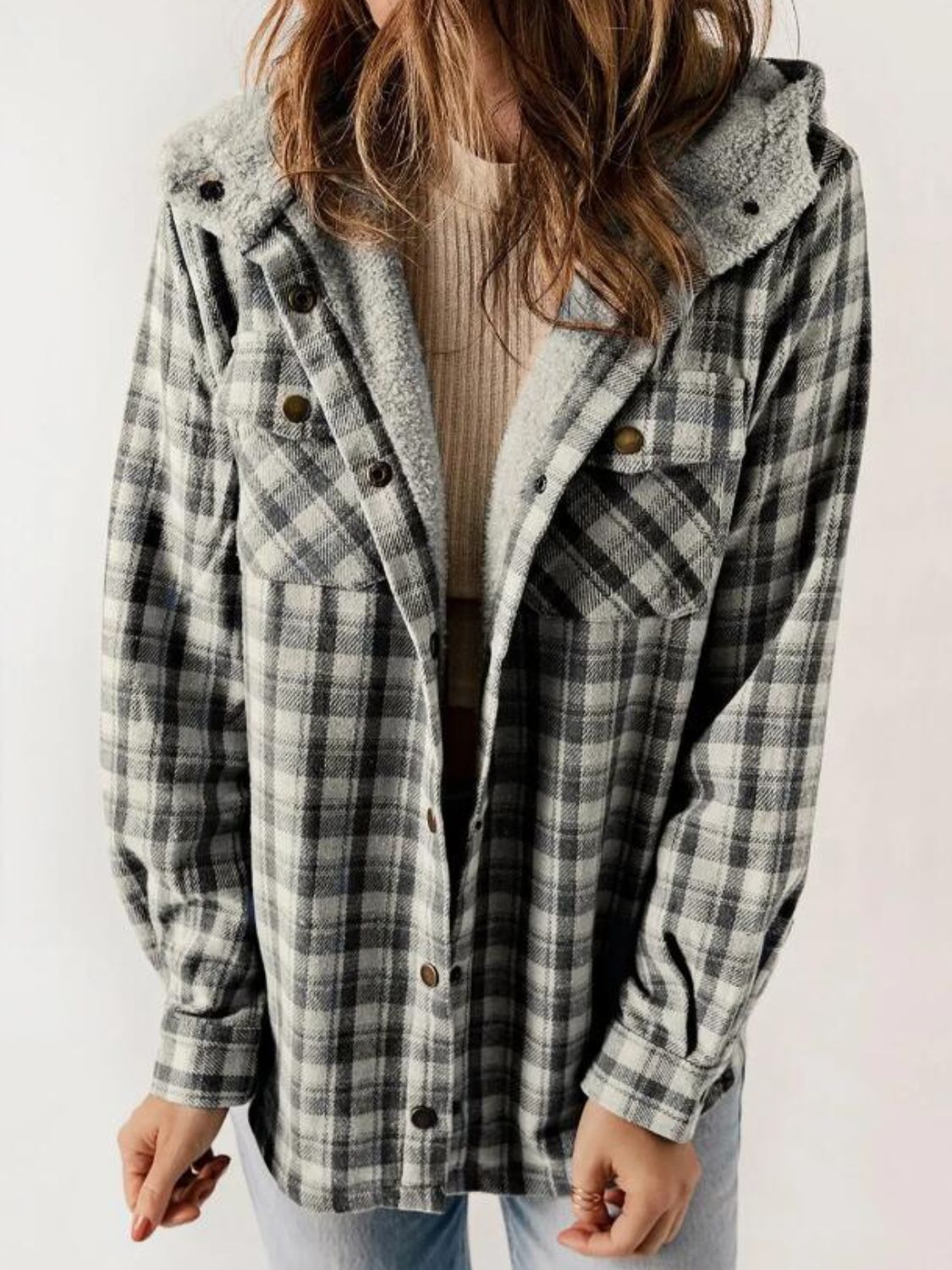 Plaid Snap Down Plush Hooded Jacket Trendsi