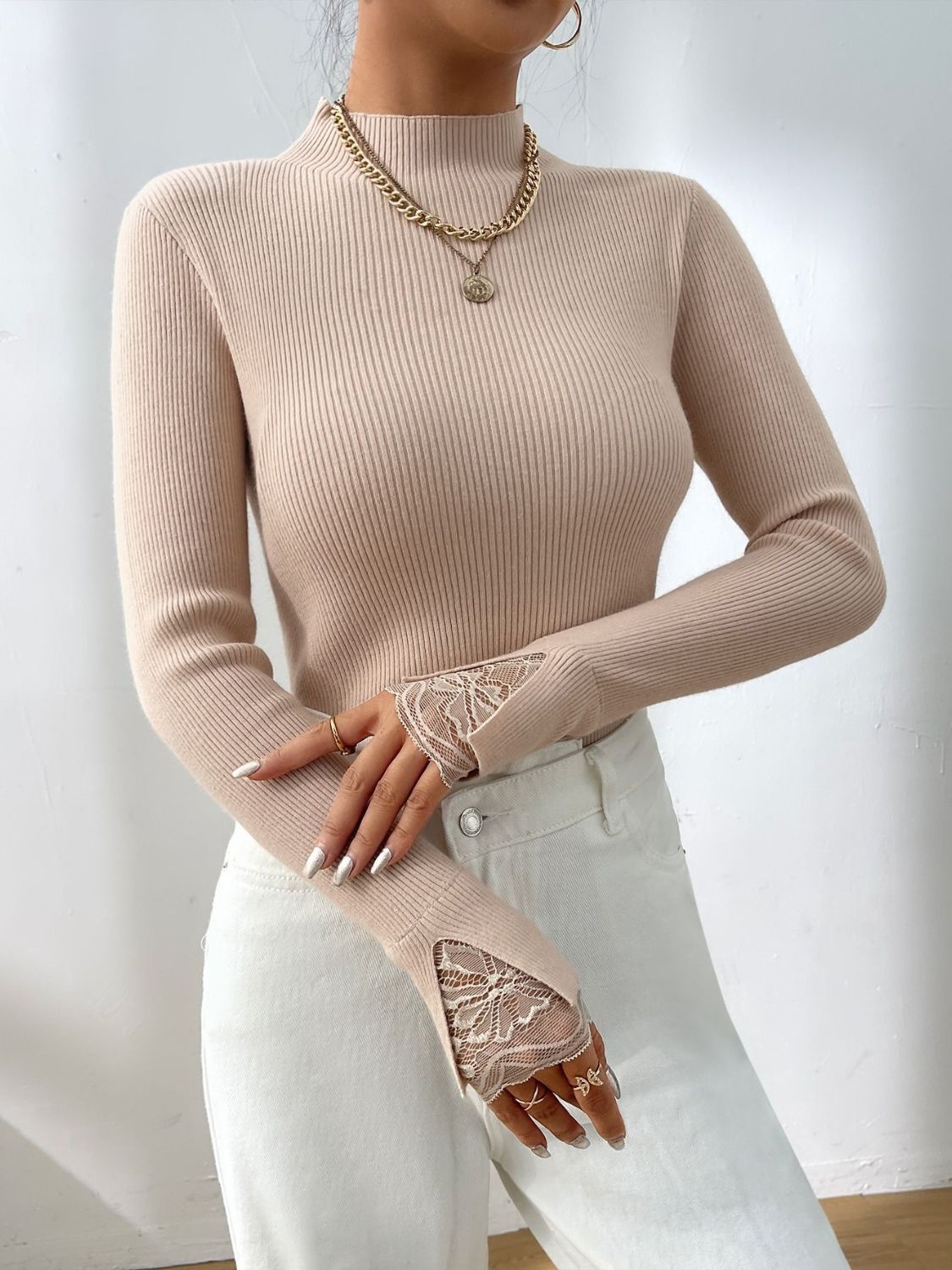 Lace Detail Mock Neck Long Sleeve Sweater Trendsi