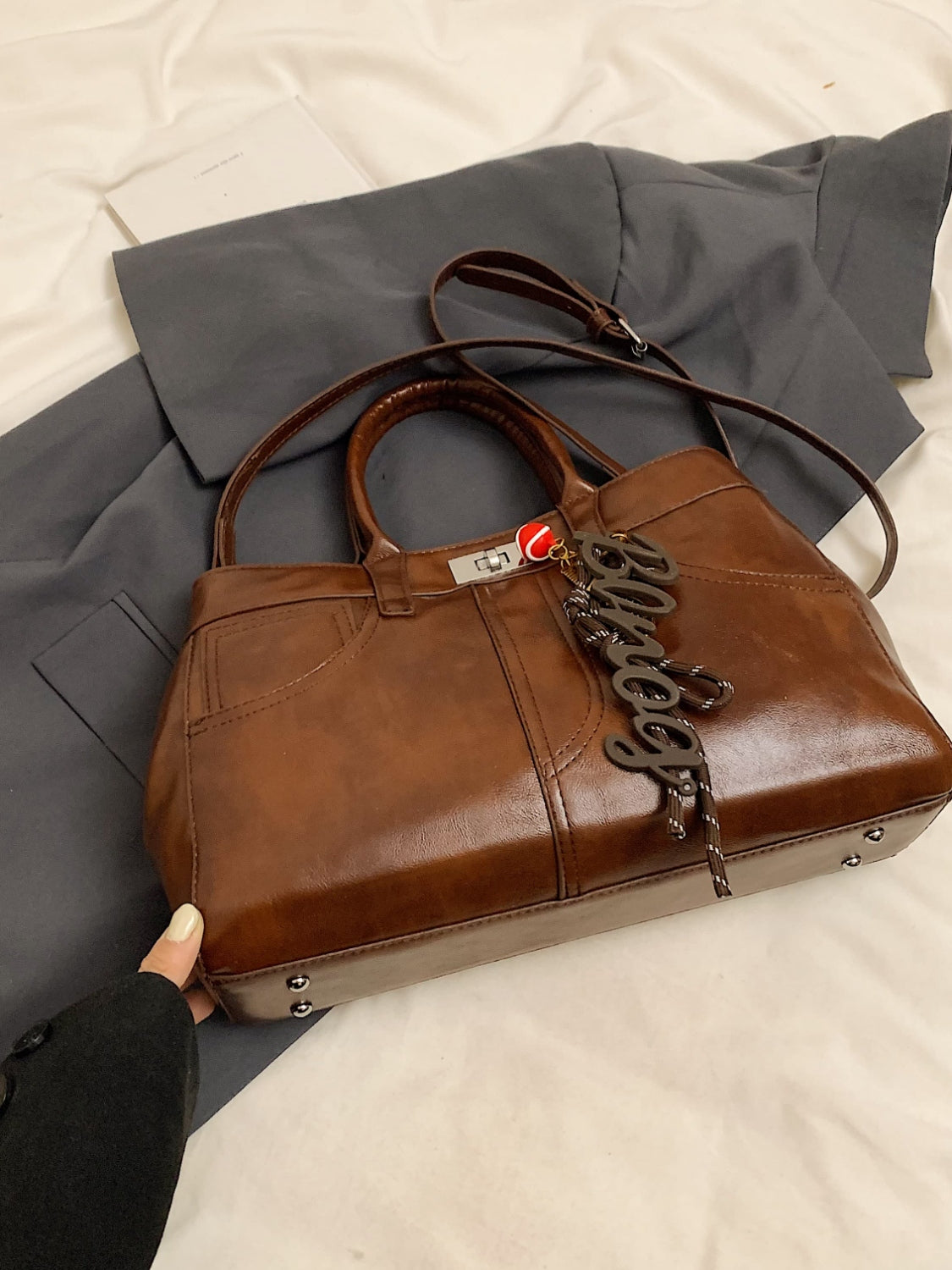 PU Leather Handbag with Pendant Trendsi