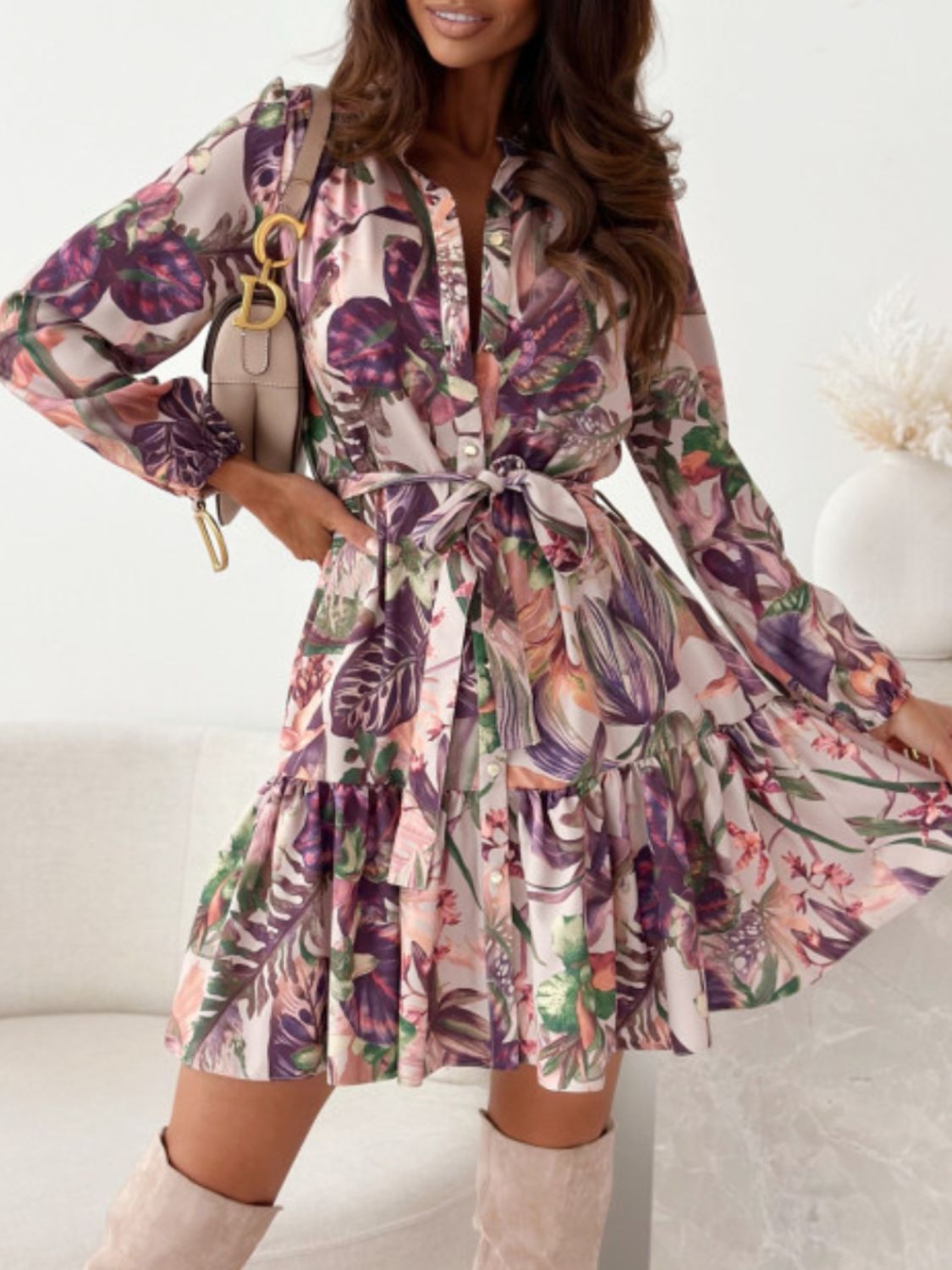 Ruffle Hem Floral Long Sleeve Dress Trendsi