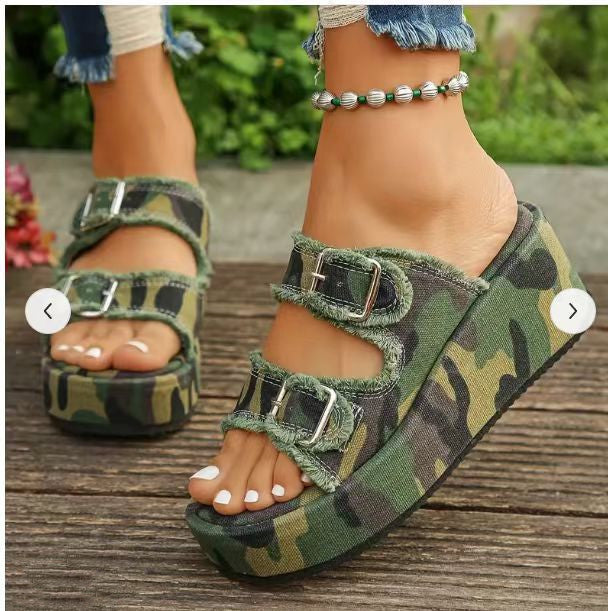 Fashion Denim Buckle Wedges Sandals Summer Outdoor High Heel Slippers Thick Bottom Camouflage Shoes For Women ARZ