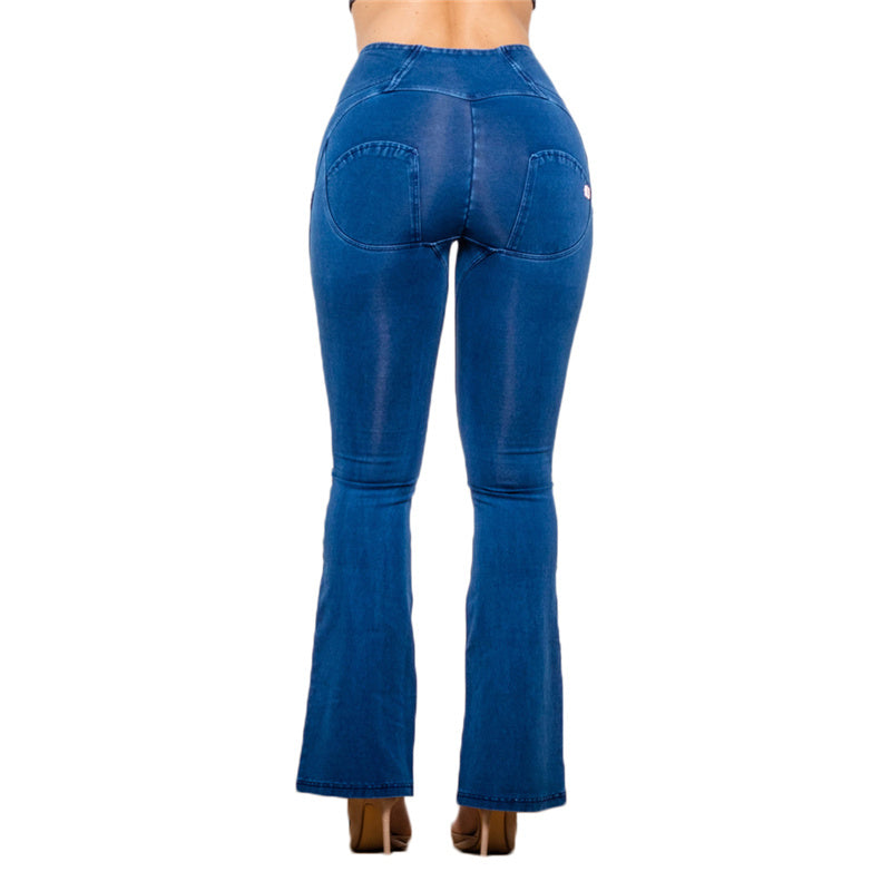 Women's High Waist Flared Dark Blue Stretch Jeans Trendsi