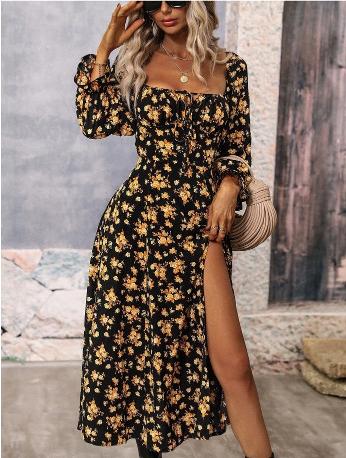 Flowers Printing Long Sleeve Dress Fashion Square-neck Bottom Slit Dresses Womens  Clothing ARZ