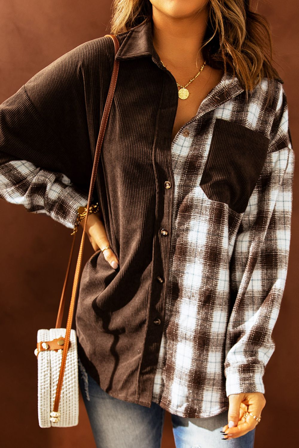 Plaid Button Up Drop Shoulder Shacket Trendsi